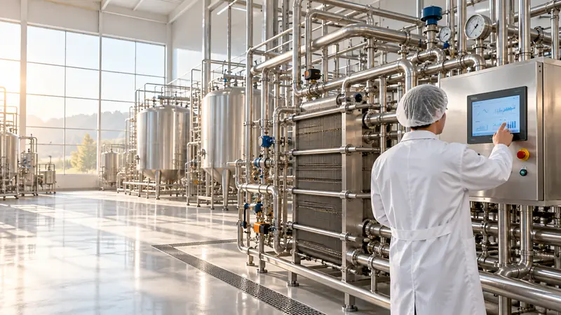 An engineer commissioning a stainless-steel processing skid at its PLC touch-screen control panel