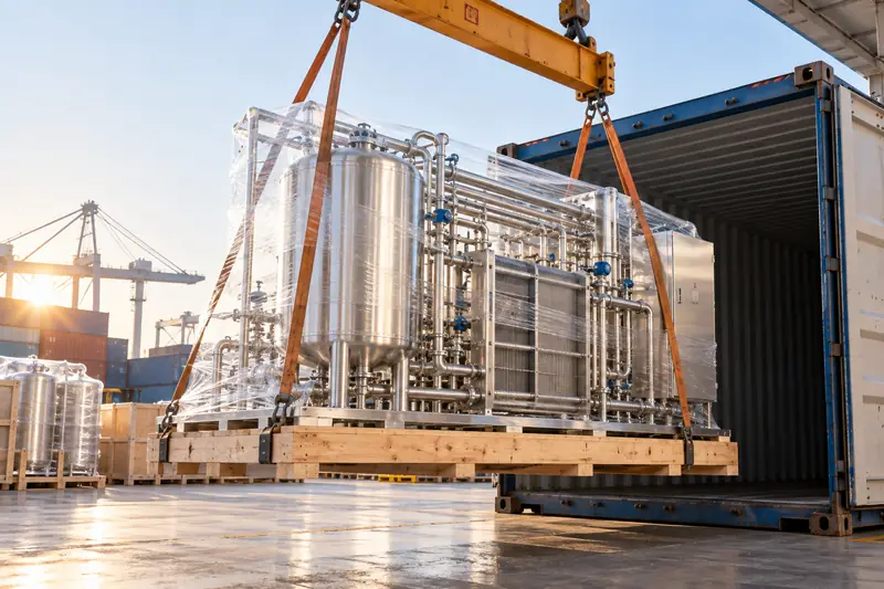 A film-wrapped stainless-steel pasteurizer skid on a timber crate base being lowered into a shipping container